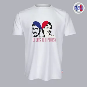 T-shirt Made in France blanc avec deux visages stylisés et la question "tu tires ou tu pointes?"