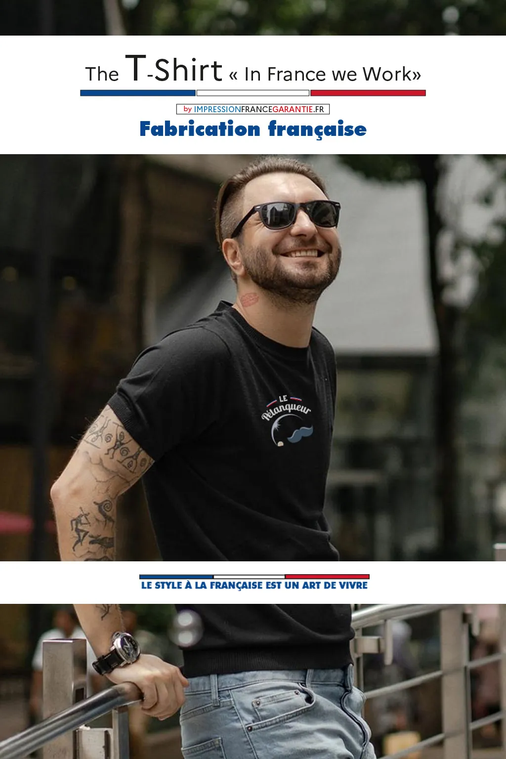 T-shirt noir avec le logo “Le Pétanqueur” représentant une moustache et une boule de pétanque.