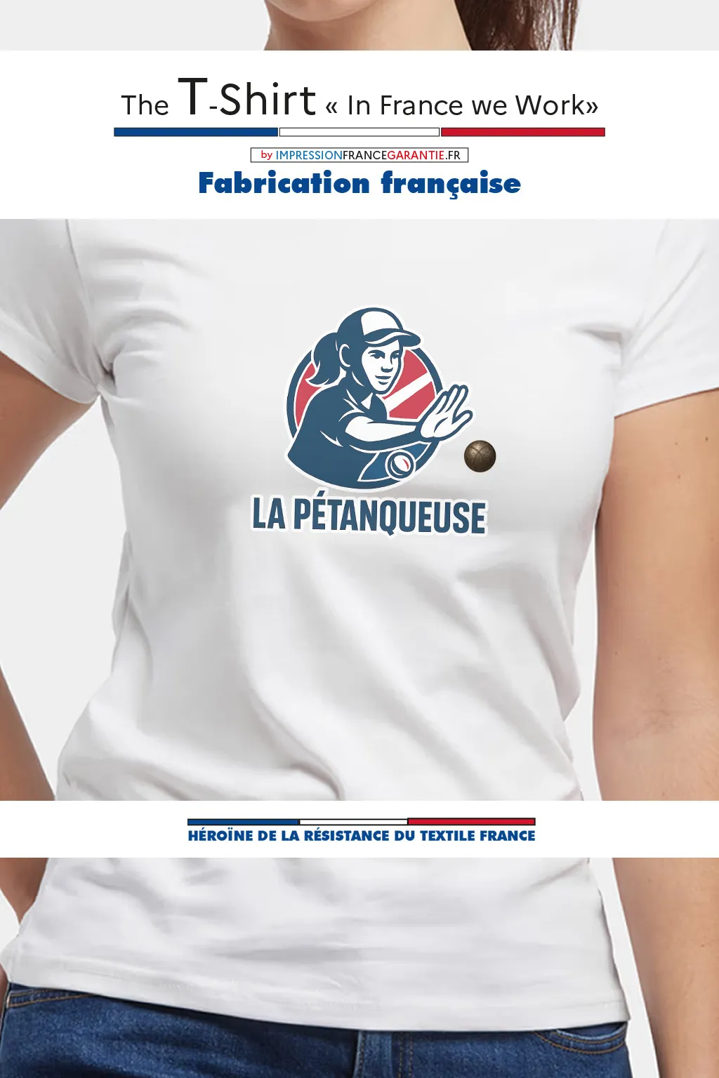 T-shirt noir avec le logo “La Pétanqueuse” représentant une boule de pétanque stylisée et des lèvres rouges.