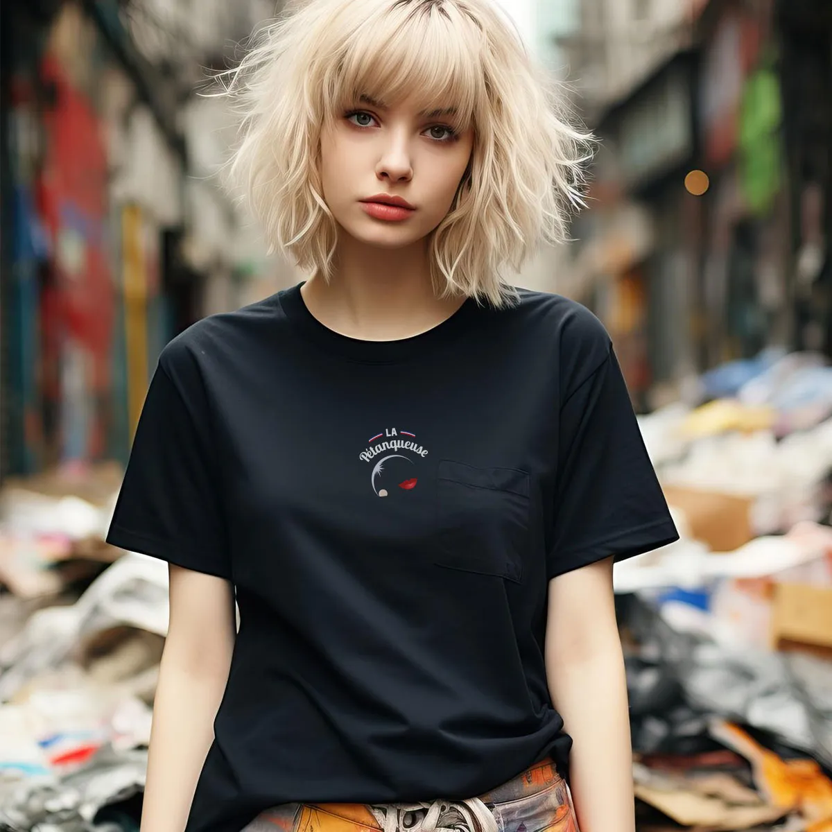 Personne portant un t-shirt noir “La Pétanqueuse” dans une rue urbaine.